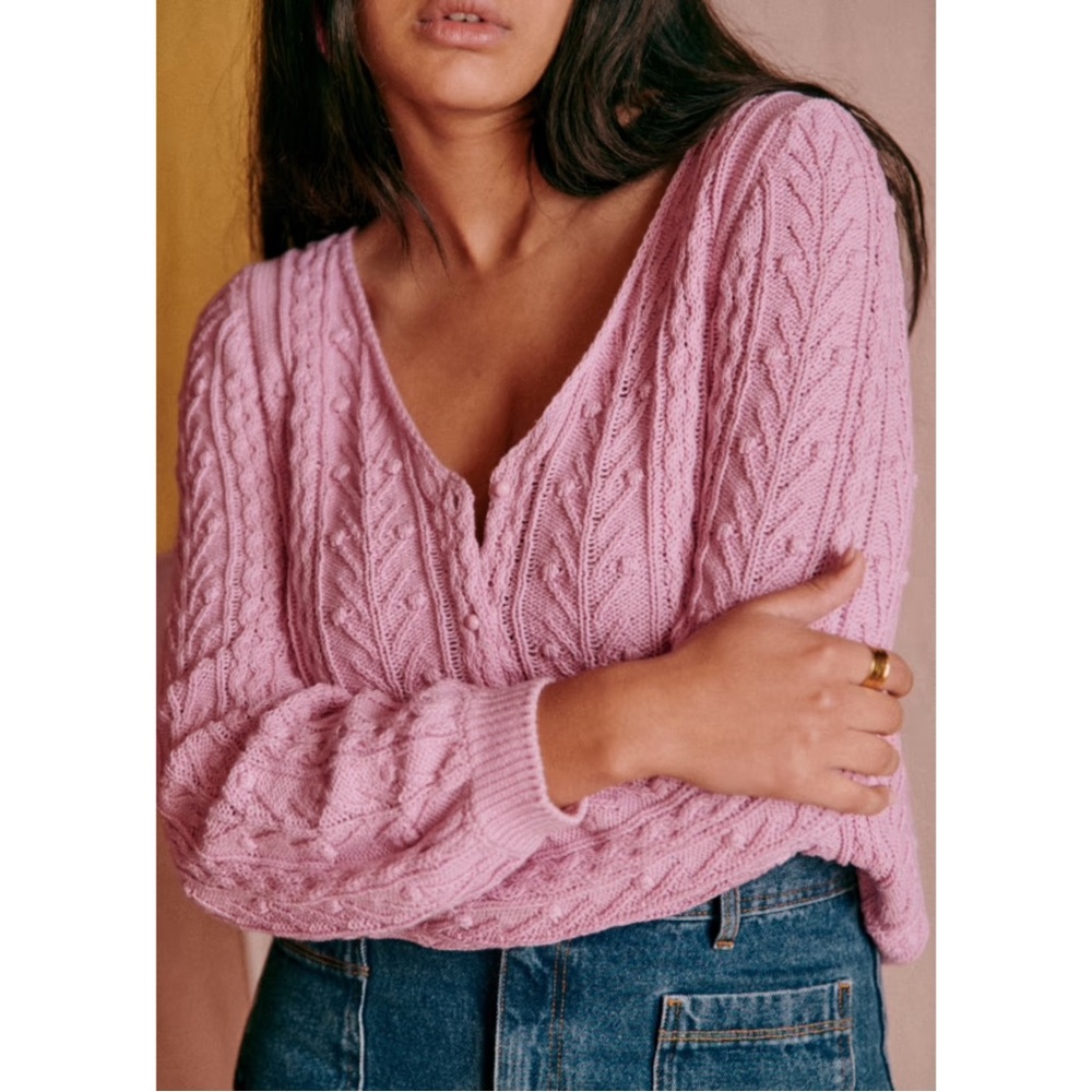 SEZANE Rose Pink Pom Pom Texture Cableknit Beryl Cardigan Balloon Sleeve Sweater